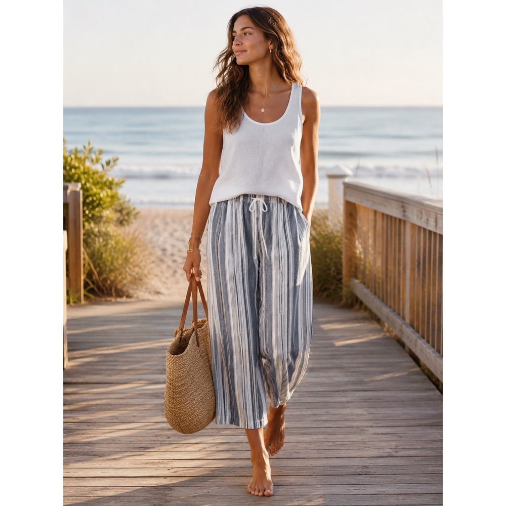 beachlunchlounge Striped Wide Leg Crop Pants Large Glacier Blue Coastal Beach